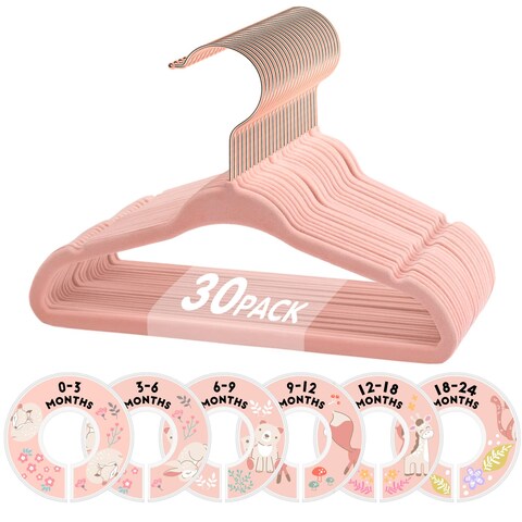 Baby Hangers, VIS&#39;V 11 Inch Pink Velvet Kids Hangers with 6 Pcs Size Dividers Non Slip Nursery Children Closet Clothes Hangers for Infant Toddler Girls and Boys 30 Pcs