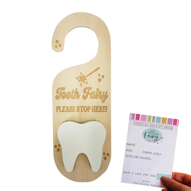 PAMBO Tooth Fairy Tooth Holder, Wooden Tooth Keepsake Door Hanger for Lost Tooth Kids 3D   Tooth Fairy Receipt Included