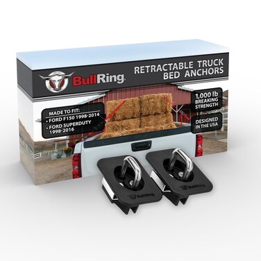 Bull Ring Flush Fit Retractable Tie Down Anchors (Front or Middle) for 1998-2014 Ford F150 &amp; 1998-2016 Ford Super Duty, Easy Installation, Snaps Up, Snaps Down, Stainless Steel, 1 Pair