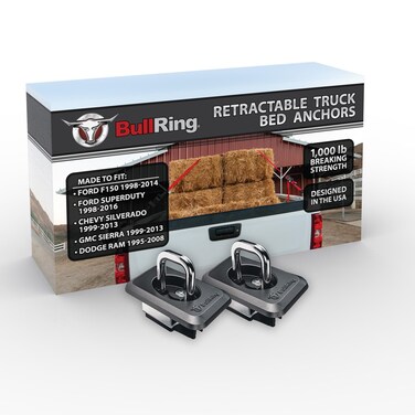 Bull Ring Raised Fit Retractable Truck Bed Tie Down Anchors for '98-14 Ford F150, '98-16 Ford Super Duty, '99-13 Chevrolet Silverado &amp; GMC Sierra, '95-08 Dodge RAM (1 Pair)