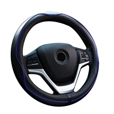 Valleycomfy Steering Wheel Covers Universal 15 inch - Genuine Leather, Breathable, Anti Slip &amp; Odor Free (Black with Blue Lines, M(14" 1/2-15" 1/4))