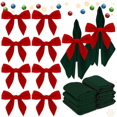 Christmas Napkin Rings Cloth Set of 8, Red Bow Napkin Rings, Christmas Napkin Holder for Party Decoration, Dinning Table, Holiday, Wedding, Family Gatherings Tabletop D&eacute;cor