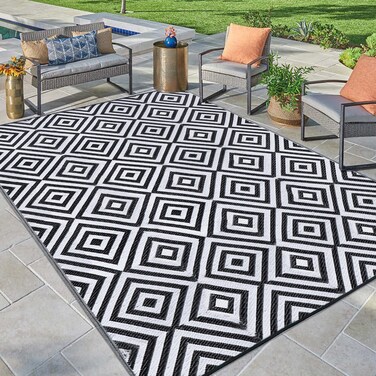 Ridota Reversible Mats, Outdoor Patio Rugs, Plastic Straw Rug, Modern Area Rug, Floor Mat for Outdoors, RV, Patio, Backyard, Deck, Picnic, Beach, Trailer, Camping (Diamond Black &amp; White, 9' x 12')