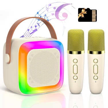 Mini Karaoke Machine for Kids Adults,Portable Bluetooth Karaoke Speaker with 2 Wireless Microphone and LED Lights,Toys for Party,Home KTV,Birthday for Girls 4, 5, 6, 7, 8,12+ Toddler Teens(Beige)