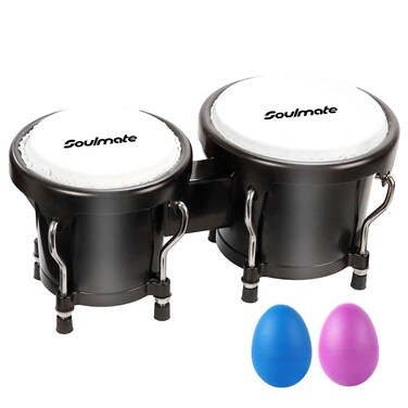 Soulmate Bongo Drum Set for Kids Beginners Adults 4&rdquo; and 5&rdquo; Transparent Percussion Bongos Drum with Tuning Wrench, Natural Finish(Black)