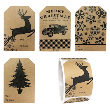 Natural Kraft Holiday Adhesive Gift Tag Stickers &ndash; 2 x 3 Inch Labels, Roll of 100 with 4 Vintage-Inspired Designs &ndash; Rustic Christmas Tags, Made in The USA