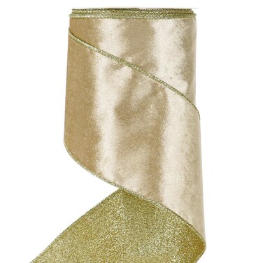 HUIHUANG Champagne Velvet Wired Ribbon 4 inch Christmas Tree Ribbon Double-Sided Glitter Gold and Champagne Ribbon for Trees, Wreaths, Tree Top Bows, Garland, Staircases, Crafts-10 Yards