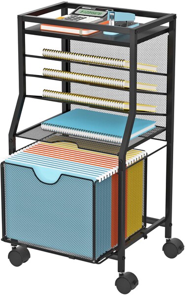 BOHDK Rolling File Cart, 6-Tier Under Desk Organizer on Lockable Wheels, Black Wood Planks &amp; Mesh File Cart with Sliding Drawer and Paper Trays for Office Home School, 14.8" L x 11.8" D x 27.7" H