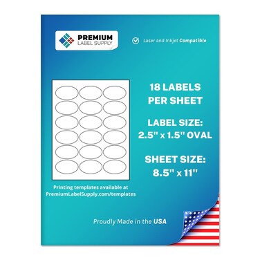Premium Label Supply White Sticker Oval Labels &ndash; 2.5&rdquo; x 1.5" Oval &ndash; Laser/Inkjet Compatible &ndash; (18 Labels/Sheet), 25 Sheets &ndash; 450 Total Adhesive Labels