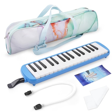 Haecsfl 32 Keys Melodica Instrument, Soprano Melodica Air Piano Keyboard Pianica with 2 Soft Long Tubes, 2 Short Mouthpieces and Carrying Bag(6-Blue)