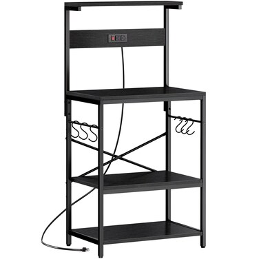 SUPERJARE Kitchen Bakers Rack with Power Outlet, Coffee Bar Table 4 Tiers, Kitchen Microwave Stand with 6 S-Shaped Hooks, Kitchen Storage Shelf Rack for Spices, Pots and Pans - Greige
