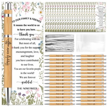 Spakon 72 Sets Wildflower Wedding Favors for Guests Bamboo Pens with Thank You Cards Clear Gift Bags Bridal Shower Games Ballpoint Pens for Guest Souvenirs