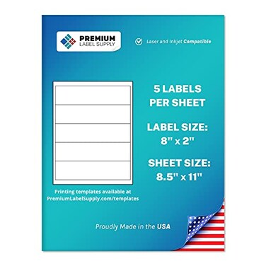 Premium Label Supply Matte White Water Bottle Stickers- NOT Waterproof &ndash; 8&rdquo; x 2" &ndash; Laser/Inkjet Compatible &ndash; (5 Labels/Sheet), 25 Sheets &ndash; 125 Total Adhesive Labels