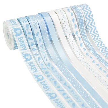 HUIHUANG Baby Blue Ribbon for Baby Shower Its A Boy Blue Ribbon Assorted Foot Print Elephant Satin Ribbon for Gift Wrapping Crafts Diaper Cake Baby Shower Birthday Favor-5 Yards Each Total 50 Yards