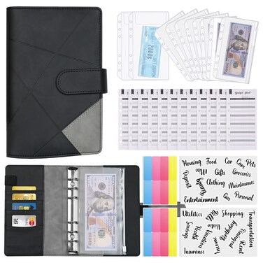 Leather Budget Binder,Money Organizer for Cash,Budget Planner for Saving Money,Cash Envelopes for Budgeting,Money Saving Binder,Black