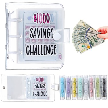 Jetec 1000 Money Saving Challenge with 25 Binder Mini Savings Challenge Book with Envelopes Budget Saving Cash for Budgeting Planner School Class Prize Gift (White)