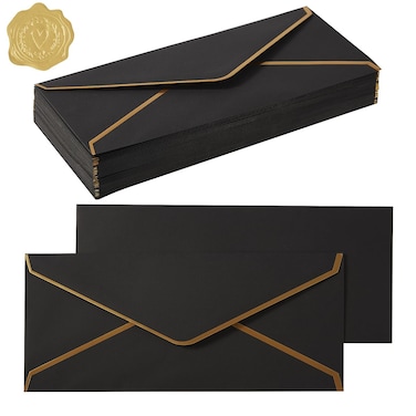 50 Pack #10 Business Envelopes with Gold Border, Self Seal Standard Envelopes with Gold Stickers for Office, Checks, Letter Mailing, Invoices, 4 1/8 x 9 1/2 Inches (Black)