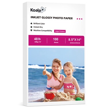 Koala Glossy Inkjet Photo Paper 8.5X14 Inches 48lb 100 Sheets Professional Glossy Photographic Paper Compatible with Inkjet Printer Use DYE INK 180gsm Legal Size