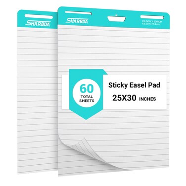 SHARBDA Lined Sticky Easel Pad, 25 in x 30 in,Flip Chart Paper,Sticky Chart Paper for Teachers, Large Self-Stick Easel Paper,Super Sticky &amp; Bleed-Resistant,30 Sheets/Pad,2 Pads