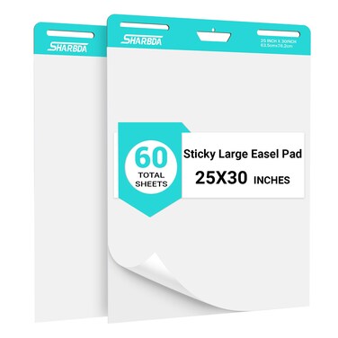 SHARBDA Sticky Easel Pad, 25 in x 30 in,Flip Chart Paper,Sticky Chart Paper for Teachers, Large Self-Stick Easel Paper,Super Sticky &amp; Bleed-Resistant,30 Sheets/Pad,2 Pads
