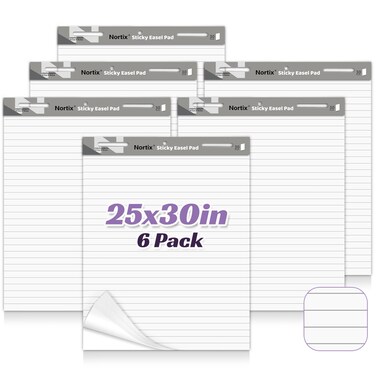 Nortix Sticky Easel Pad, 25 x 30 Inches Large Self Stick Lined Flip Chart Paper, Upgraded Versatile Sticky Easel Pad with Dry Erase Surface for Meeting/Training/Doodling, 30 Sheets/Pads, 6 Pads
