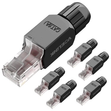 VCELINK RJ45 Connector Tool-Free, CAT6A Field Termination Plug, Gold Plated Modular Plug, UTP CAT6A Connector Toolless for 23 to 26 AWG Network Cable, 6 Pack, Black