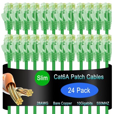 Lysymixs Cat6a Slim Ethernet Patch Cable 0.5 ft (24 Pack), Cat6a Patch Cable for Data Centers, Cat 6 Patch Cable 10G, Network Patch Cables for Home and Enterprise Network -Green
