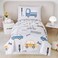 PERFEMET 4 Pcs Toddler Bedding Set Cartoon Cars Printed Toddler Bed in A Bag Soft Reversible Cars Bus Trucks Print Toddler Bed Set for Boys Girls Matching Sheet Set(Light Grey, Taxis/Bus/Trucks)
