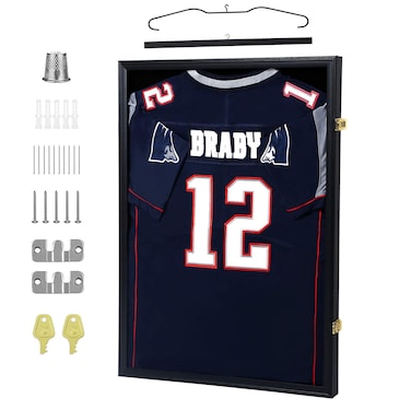 IHEIPYE Jersey Display Frame Case Lockable, Large Sport Jersey Shadow Box with 98% UV Protection Acrylic and Hanger for Baseball Basketball Football Soccer Hockey Shirt and Uniform,Black