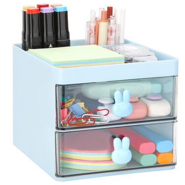 LETURE Small Desk Organizer With Drawer, Office Desktop Storage Box, Business Card/Pen/Pencil/Mobile Phone/Stationery Holder Storage Box, Makeup Organizer for Office School Home (Blue)