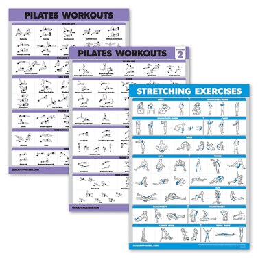 3 Pack - Pilates Workout Poster Set Volume 1 &amp; 2 + Stretching Routine - Pilates Mat Work Exercises - Fitness Charts (18 x 24, LAMINATED)