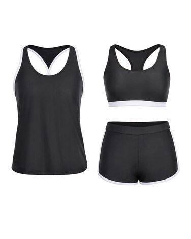 Yonique 3 Piece Athletic Tankini Swimsuits for Women with Shorts Swim Tank Tops with Sports Bra and Boyshorts Bathing Suits M Black White