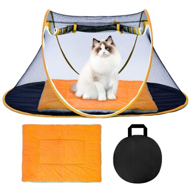 Cat Tent Outdoor with Mat, Portable Outdoor Cat Enclosures Suitable for Bearded Dragon, Dogs and Small Animals, Foldable Pet Tent with Carry Bag Cat and Mat (Orange+Mat)