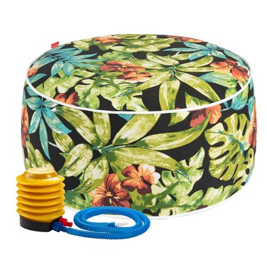 IN4 Care Outdoor/Indoor Inflatable Ottoman Pouf D20 xH9, All Weather Round Footstool with Foot Pump, Water Repellent Portable Footrest with Handle for Patio Garden Camping Travel-Tropical Green Leaves