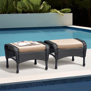 Set of 2 Wicker Ottomans, Outdoor Wicker Footstool with Soft Zippered Cushions, 3-in-1 Function Footrest Seat &amp; Side Table for Patio, Backyard, Balcony, Poolside (Khaki)