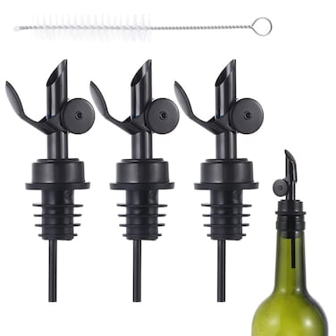 beyonday 3pcs Self Closing Liquor Bottle Pourers - Black, Auto Flip Wine Bottle Stoppers with Rubber Dust Cap &amp; Cleaning Brush, Weighted Olive Oil Vinegar Dispenser Spout, Fit about 3/4'' Bottle Mouth