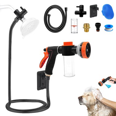 Dog Washing Hose Attachment for Pet Bathing with Black Shower Diverter, Pup Dog Wash Hose Nozzle Shampoo Sprayer for Indoor Outdoor Pet Shower, Dog Shower Attachment with Dog Brush