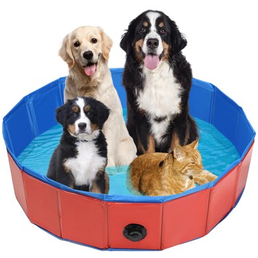 AMGSH Dog Whelping Box, Foldable Birthing Pool for Dogs, Whelping Pool for Puppies, Poartable Plastic Swimming Pool &amp; Bath Tub for Dogs, Red (Red, 39.4&rdquo; Dia. &times; 11.8&rdquo; H (100cm &times; 30cm))