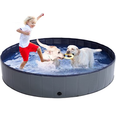 TOBEHIGHER Dog Pool - Dog Pools for Large Dogs, Pet Pool Hard Plastic, Foldable Pool for Dogs Cats and Kids (63inch.D x 12inch.H, Grey)