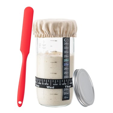 BOOMIBOO Sourdough Starter Jar, 24oz Sourdough Bread Baking Supplies Fermentation Kit, Glass Jars Bread Making Accessories with Date Marked Feeding Band, Thermometer, Cloth Cover &amp; Metal Lid