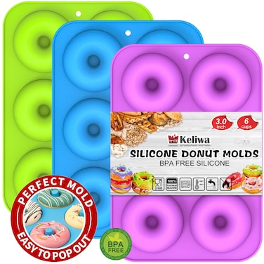 Keliwa Silicone Donut Mold for 6 Doughnuts,Donut Pan Silicone Baking Mold,Non-Stick Silicone Doughnut Pan Set,Make Perfect Donut Cake Biscuit Bagels,Just Pop Out - 3 PCS - Purple, Blue, Green