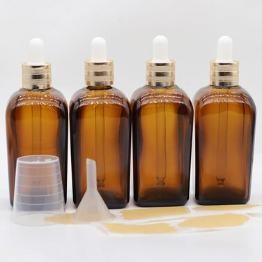 4 pack,amber glass dropper bottles 3.4 oz,100 ml dark empty tincture bottles with dropper,alcohol,hair oil bottle,perfume,essentia,small,eye,droppers for oils,medicine,pipette,drip drop (amber)