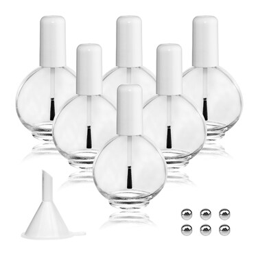 6PCS Large Capacity 75ML Empty Nail Polish Bottles with Brush, Large Spherical Refillable Glass Cuticle Oil Bottles Containers with Funnel &amp; Mixing Balls 2.6oz for DIY Nail Art Cuticle Oils (White)