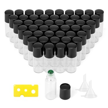 JIUWU 50Pcs Clear Glass Roll on Bottles 3ml Refillable Glass Empty Roller Bottles with 1 Openr &amp; 2 Funnels, Glass Rollon Vials Bottles for Essential Oil Aromatherapy Perfume Liquid, Pink