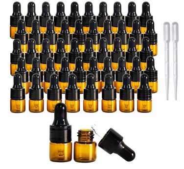 PYAWI 50Pcs Amber Glass Mini Dropper Bottle 1ml Amber Essential Oil Bottles Vials Travel Cosmetic Sample Container Liquid Perfume Eye Droppers Bottle (1ml)