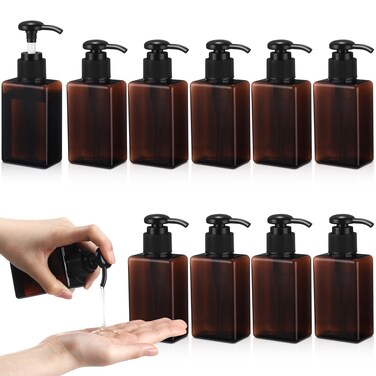 Domensi 12 Pcs 100ml /3.4 oz Pump Bottle Mini Travel Bottles Small Dispenser Bottles Plastic Pump Lotion Dispenser Empty Bottle Square Dispenser Travel Size Containers Toiletries (Brown)