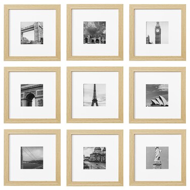 eletecpro 8x8 Picture Frames Set of 9 Farmhouse Gallery Wall Frame Set Displays 4x4 Photo with Mat or 8x8 without Mat, Square Picture Frames Collage Wall Decor, Natural Modern Home Decor for