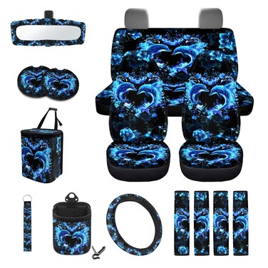 Wanyint Blue Dolphin Floral 15 PCS Car Seat Cover Full Set with Auto Steering Wheel Cover Seat Belt Strap Pads Cup Coasters Trash Bag Air Vent Storage Bag Rearview Mirror Cover Keychain Universal Fit
