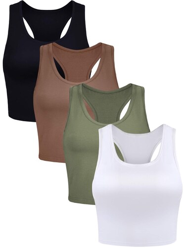 4 Pieces Basic Workout Crop Tank Tops Sleeveless Racerback Sport Tank Top for Women Yoga Running (Black, Army Green, Coffee, White, Small)