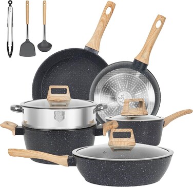 12 Pcs Pots and Pans Set Non Stick Kitchen Cookware Sets Nonstick Induction Cookware Black Granite Cooking Tools with Frying Pans, Saucepans, Steamer Silicone Shovel Spoon &amp; Tongs (PFOS/PFOA Free)